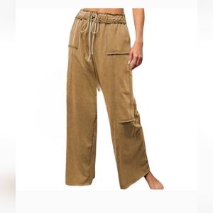 WOMEN'S TAN  RAW EDEGE MINERAL WASH FRENCH TERRY WIDE LEG PANTS